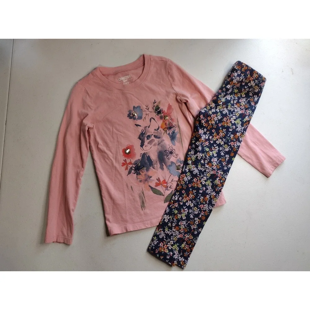 OshKosh Girls Pink Kitten Sequin Top and Carter's Floral Leggings Set‎ 6/6x